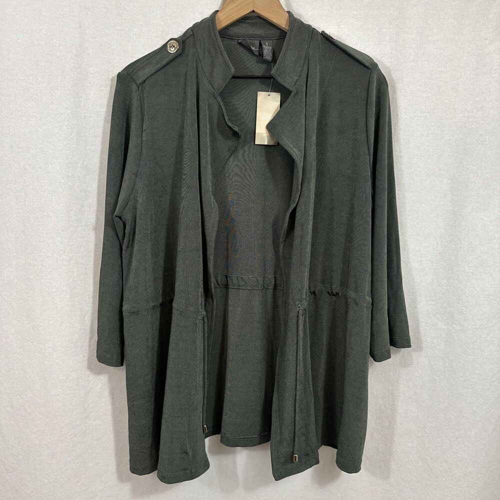 Chicos Travelers Fatigue Cross Dye Green Utility Jacket Womens Size M Slinky